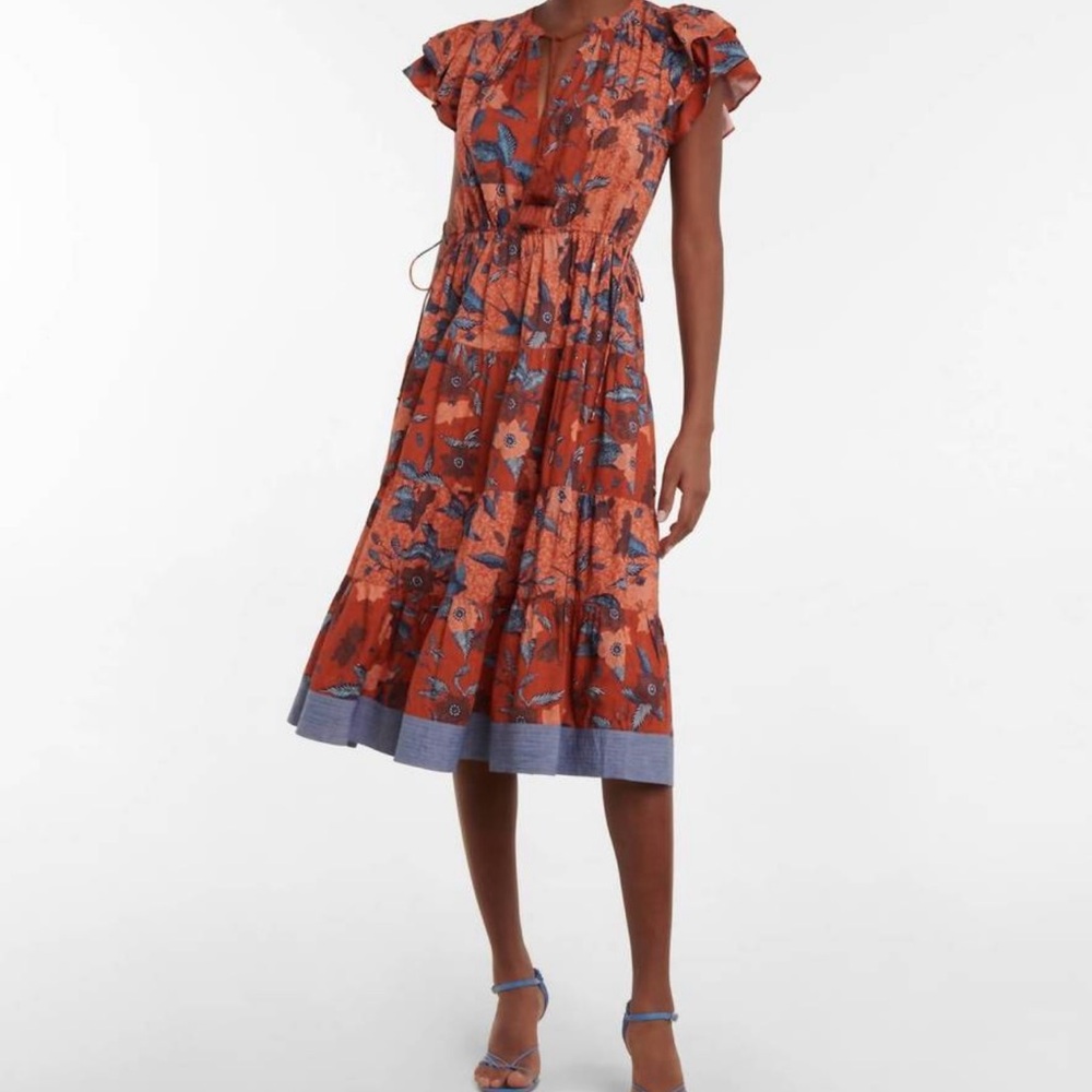 Ulla Johnson Floral Midi Dress - Orange and Blue
